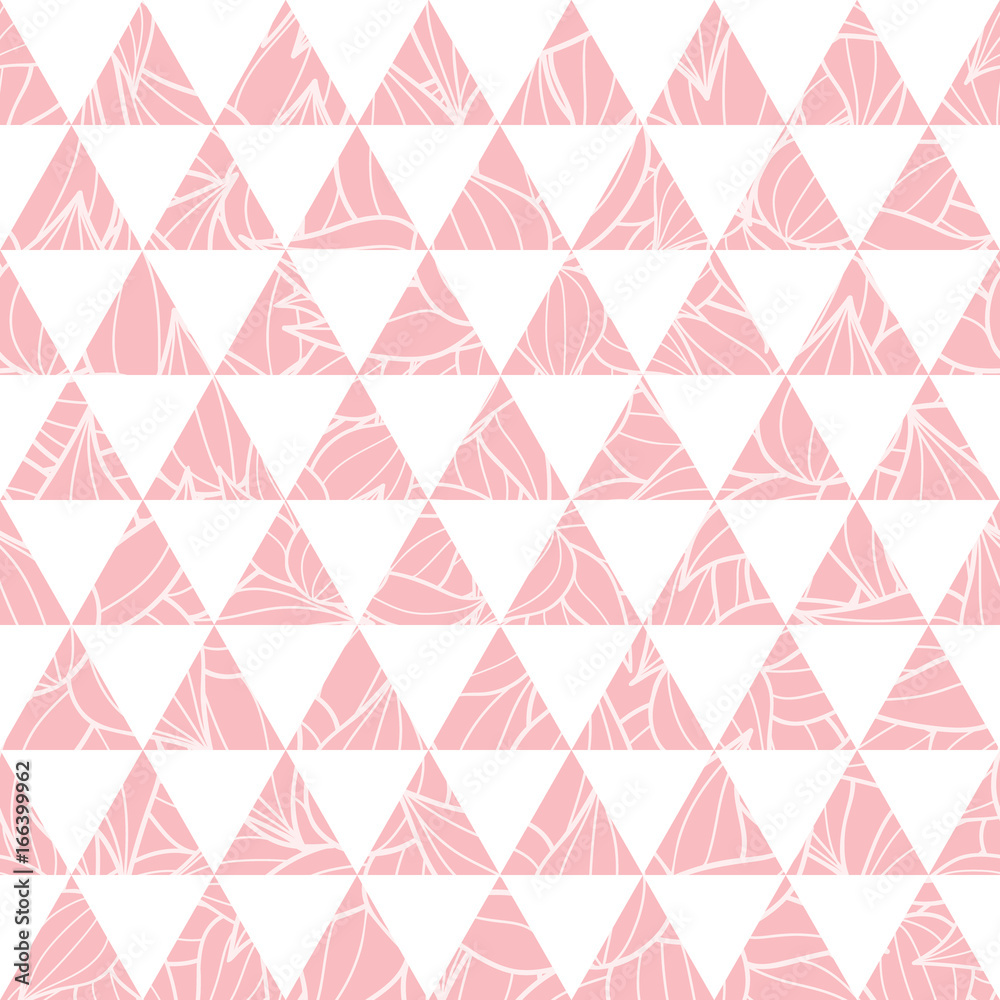 Vector salmon pink triangles and leaves texture seamless repeat pattern background. Perfect for modern fabric, wallpaper, wrapping, stationery, home decor projects.