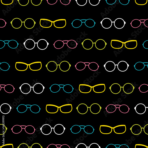 Vector colorful on black glasses accessories stripes seamless pattern. Great ...