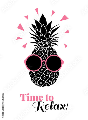 Time to relax vector pineapple wearing colorful sunglasses on summer vacation...