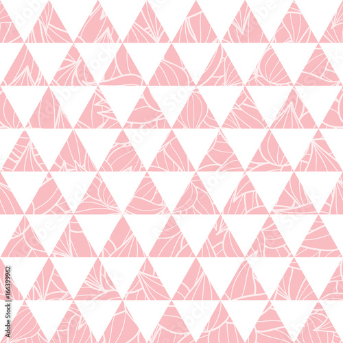 Vector salmon pink triangles and leaves texture seamless repeat pattern backg...