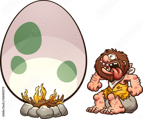 Hungry cartoon caveman cooking a giant egg. Vector clip art illustration with simple gradients. Some elements on separate layers. 