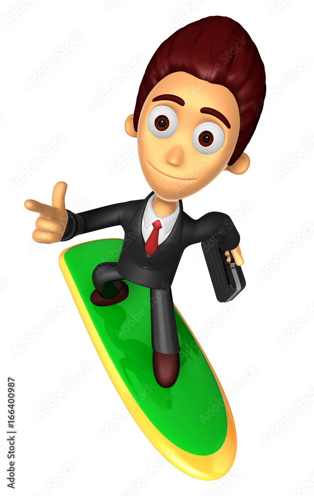 3D Business man Mascot dip surfboard ride on Pointing fingers gesture. Work and Job Character Design Series. 3D Business man Mascot dip surfboard ride on Pointing fingers gesture. Work and Job Character Design Series.