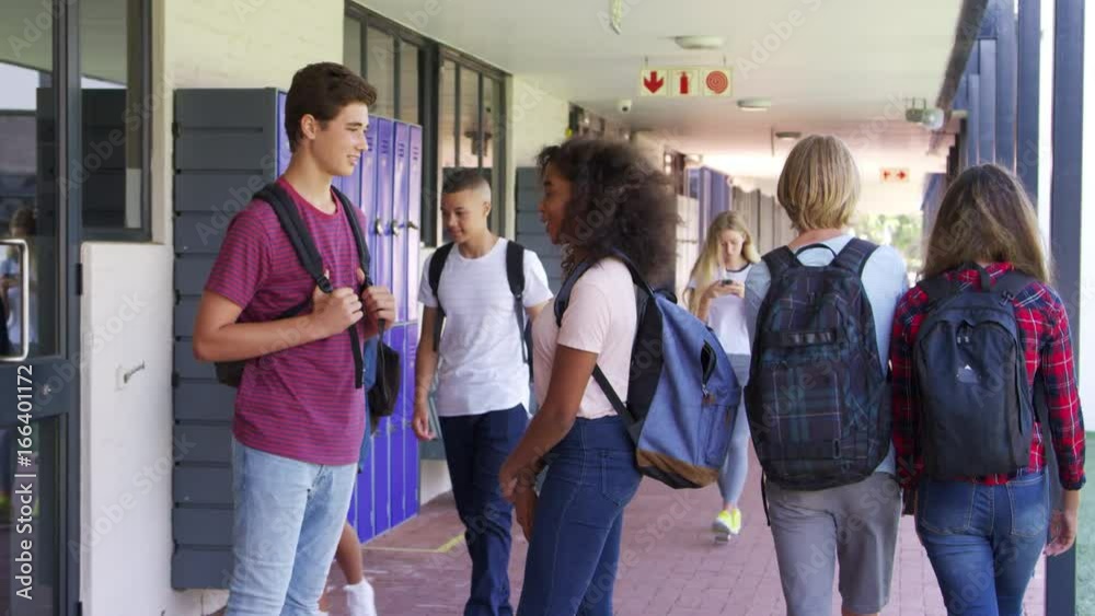 Teenage classmates stand talking in high school hallway