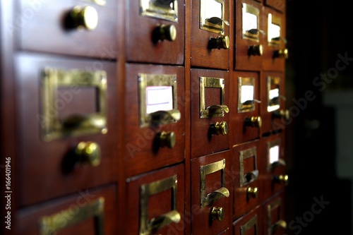 Wooden card catalog in a library