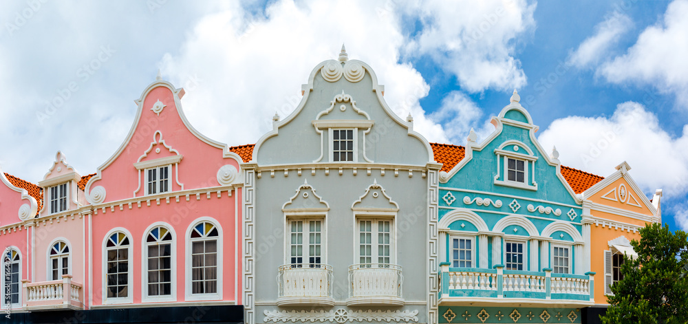 Oranjestad downtown panorama with typical Dutch colonial architecture. Oranjestad is the capital and largest city of Aruba