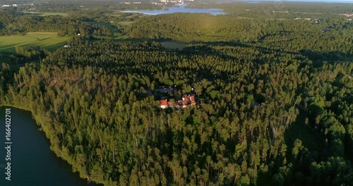 Hvittträsk, Cinema 4k aerial tilt view away from hvittrask mansion, at a sunny summer evening, in Uusimaa, Finland photo