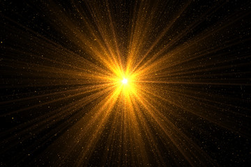 Golden sunray with sparkles or gold particle glitter light. Merry Christmas festive background.defocused circle particle bokeh. Abstract gold background