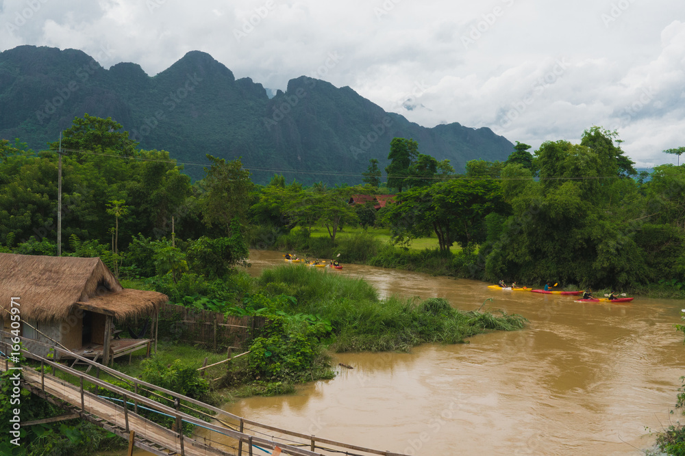 Kayak boat trip in river at vangvieng laos