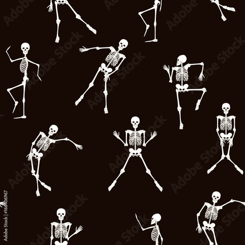 Seamless pattern, background with dancing skeletons in black and white colors. Stock line vector illustration. 