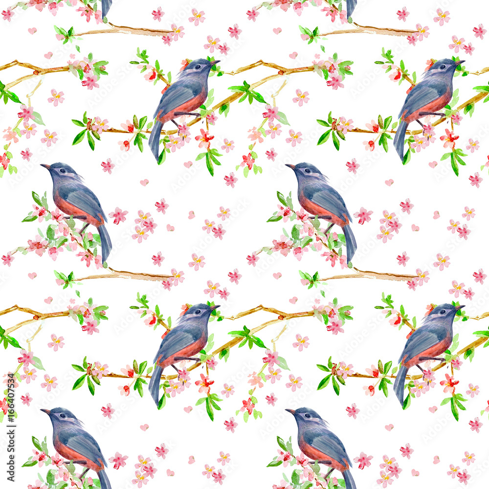 fancy seamless texture with pretty birds on flowering twigs. watercolor painting