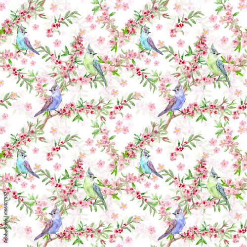 retro flower seamless texture with beautiful birds. watercolor painting