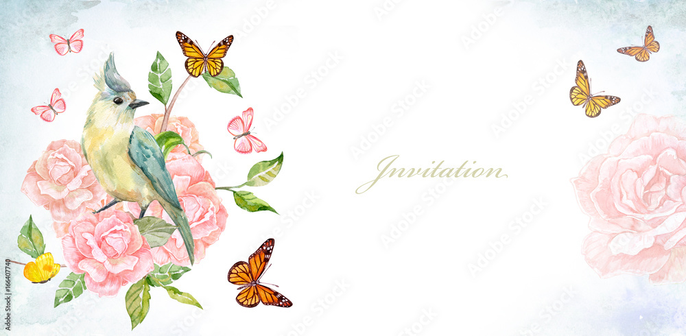 invitation banner with graceful bird on flowering roses. watercolor painting