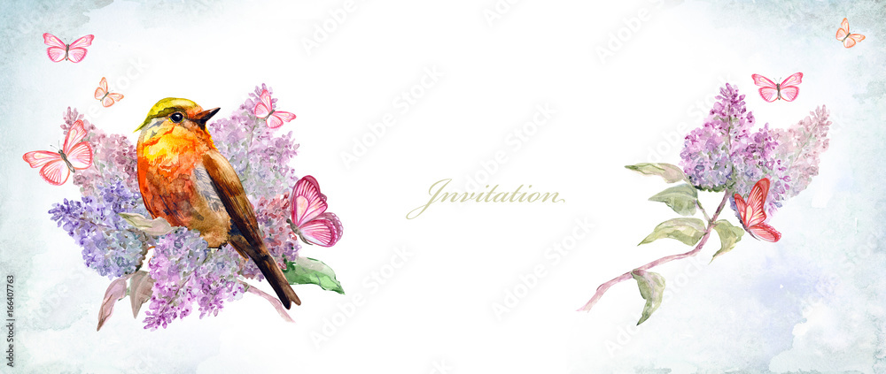 invitation banner with colorful bird on flowering branch lilac. watercolor painting