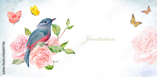 invitation banner with graceful bird on pink flowering roses. watercolor painting