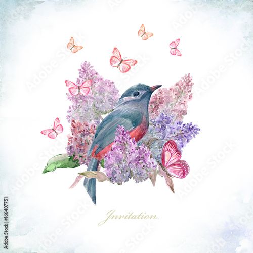 greeting card with cute bird on flowering branch lilac. watercolor painting
