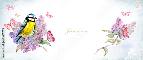 Canvas Print invitation banner with cute bird on flowering branch lilac