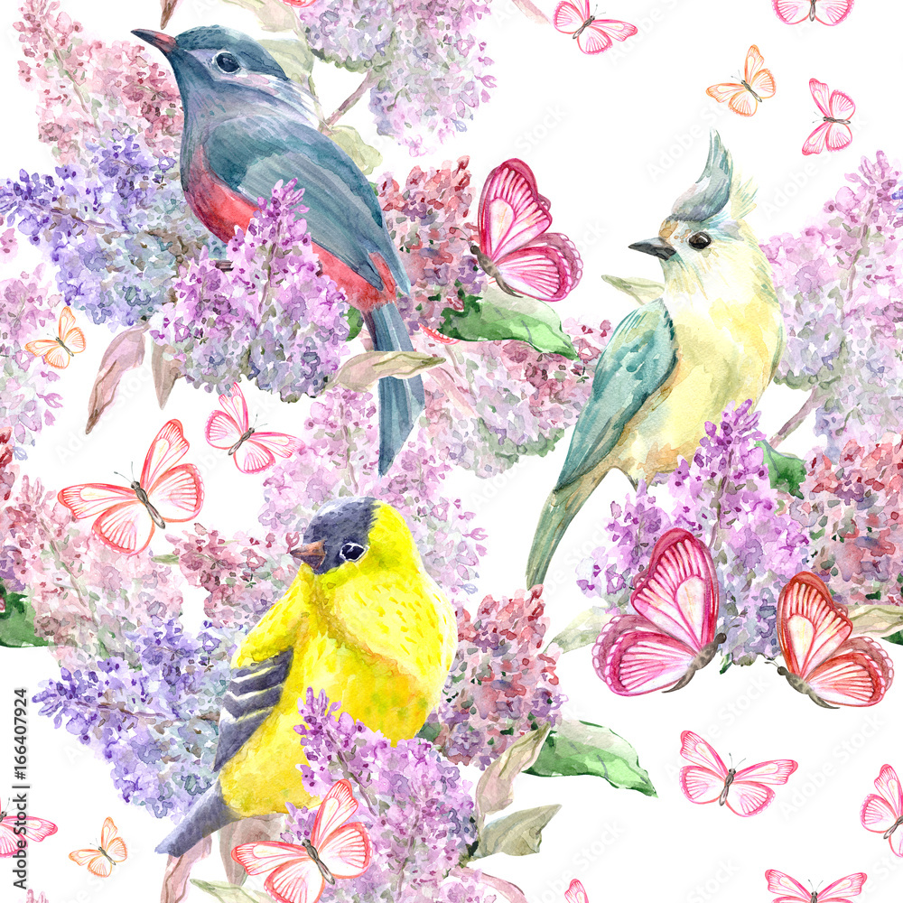 nice seamless texture with birds on branch flowering lilac and pink butterflies. watercolor painting