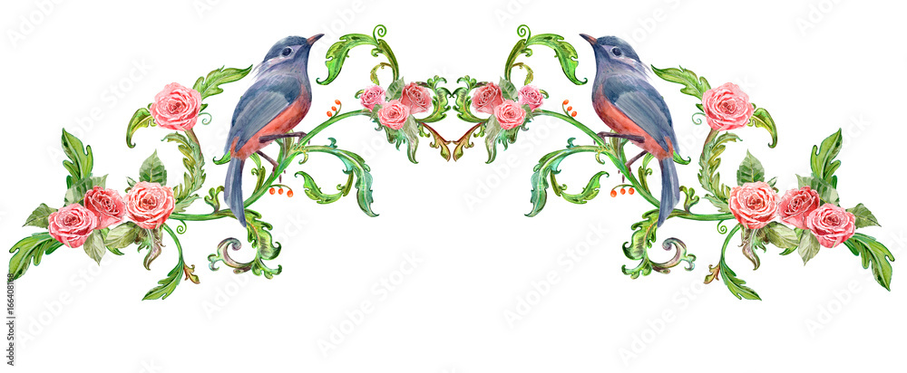 Fototapeta premium banner with lovely floral arrangement and bird. watercolor painting.