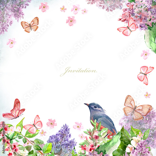 Canvas Print spring blossom and bird for your design. watercolor painting