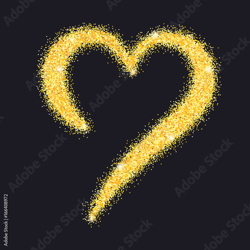 Greeting card with hand-drawn heart and palce for text. Golden heart from sand, stardust with glitter. Poster for Valentine s day, luxury wedding and for your loved ones.