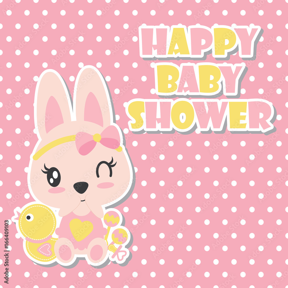 Cute baby bunny is winking on polka dot background vector cartoon illustration for baby shower card design, postcard, and wallpaper