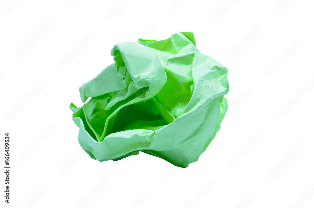 Green wrinkled paper ball isolated on white background, symbol of recycling and wasting our resources,clipping path