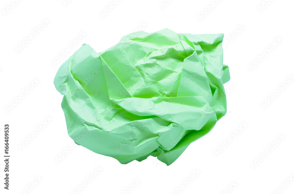 Green wrinkled paper ball isolated on white background, symbol of recycling and wasting our resources,clipping path
