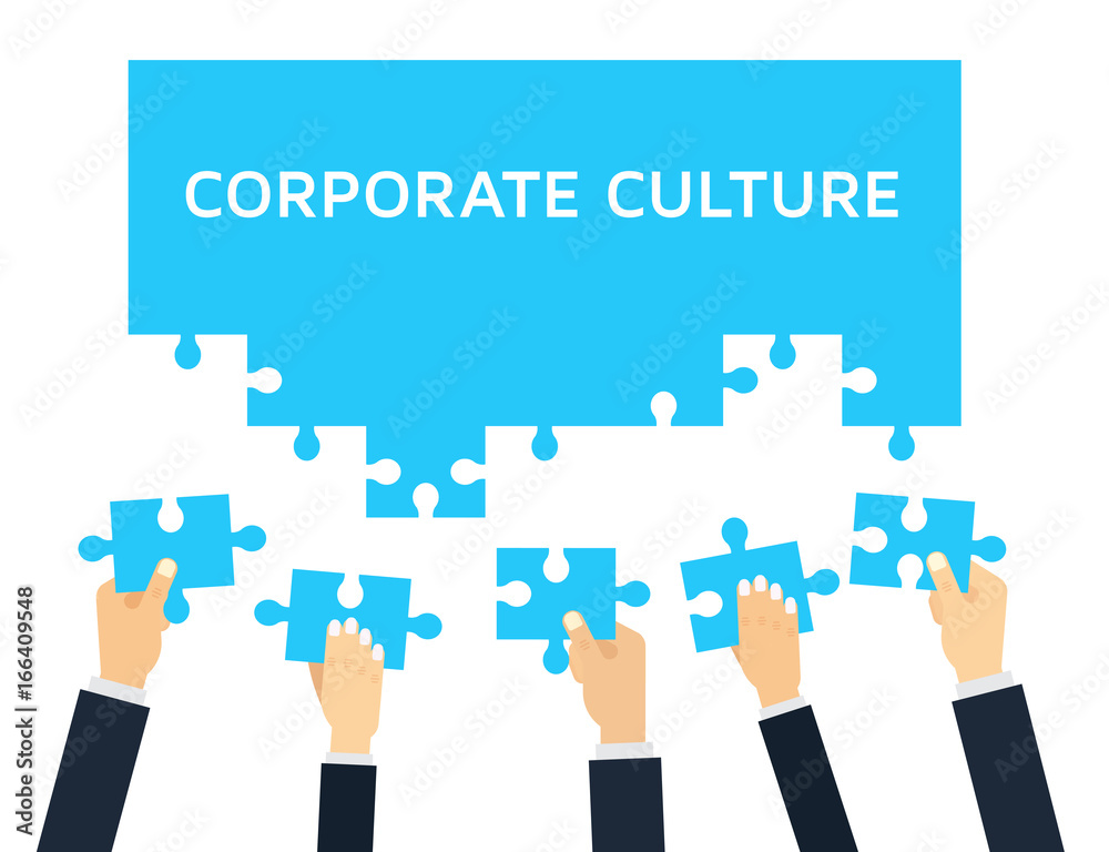 Employees holding and connecting puzzle pieces together. Teamwork and Corporate Culture vector concept in flat style.