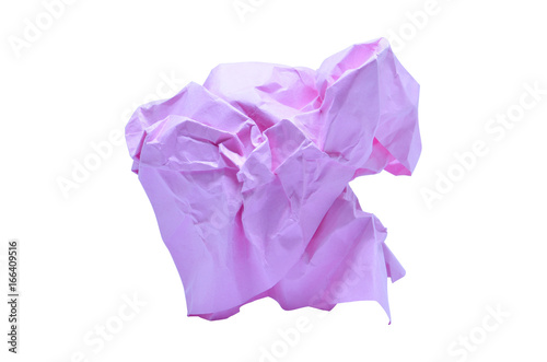 Pink wrinkled paper ball isolated on white background, symbol of recycling and wasting our resources,clipping path