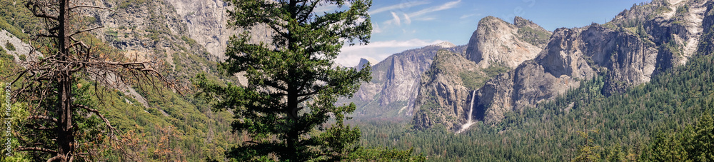 Panorama of the summer Yosemite Valley. Yosemite Falls