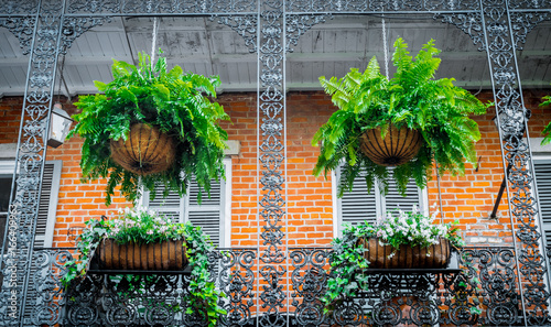 Picturesque private houses in the French Quarter. Balcony and wrought iron grating. Traditional architecture of old New Orleans