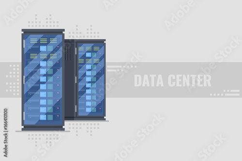 Two server rack with server equipmentinside. Server farm, data center horizontal banner concept on grey background