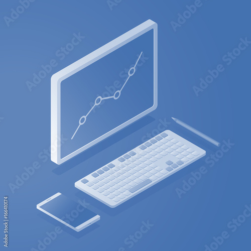 Concept of business analysis with monitor keyboard smartphone and pen isometric vector illustration
