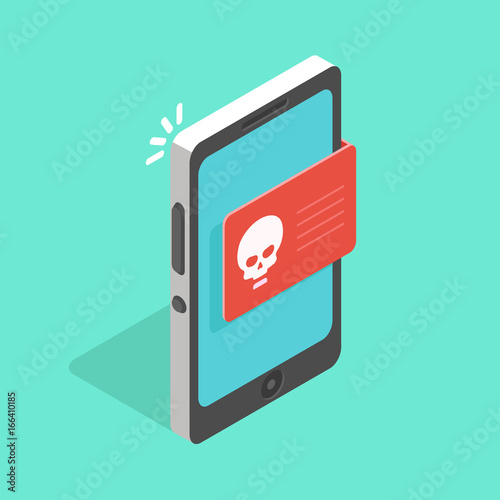 Infected mobile operating system. Malware notification on smartphone vector, concept of spam data, fraud internet error message, insecure connection, online scam, virus. Isometric flat vector picture