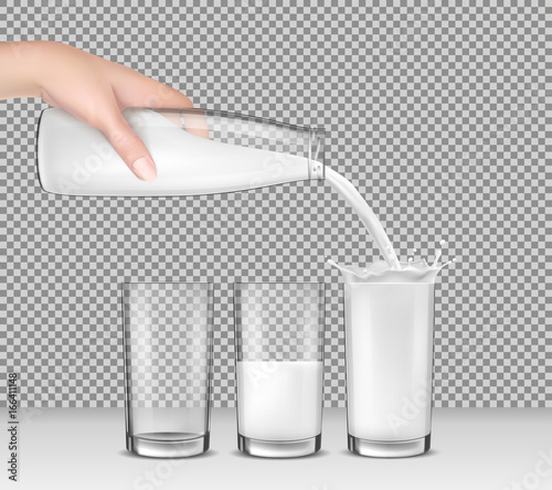 Vector realistic illustration, hand holding a glass bottle of milk, milk, dairy product, yogurt, kefir, protein cocktail pouring into drinking glasses. Print, template, design element