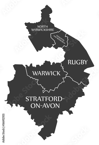 Warwickshire county England UK black map with white labels illustration photo
