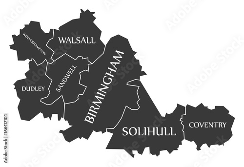 West Midlands metropolitan county England UK black map with white labels illustration photo