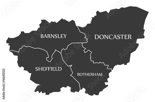 South Yorkshire metropolitan county England UK black map with white labels illustration