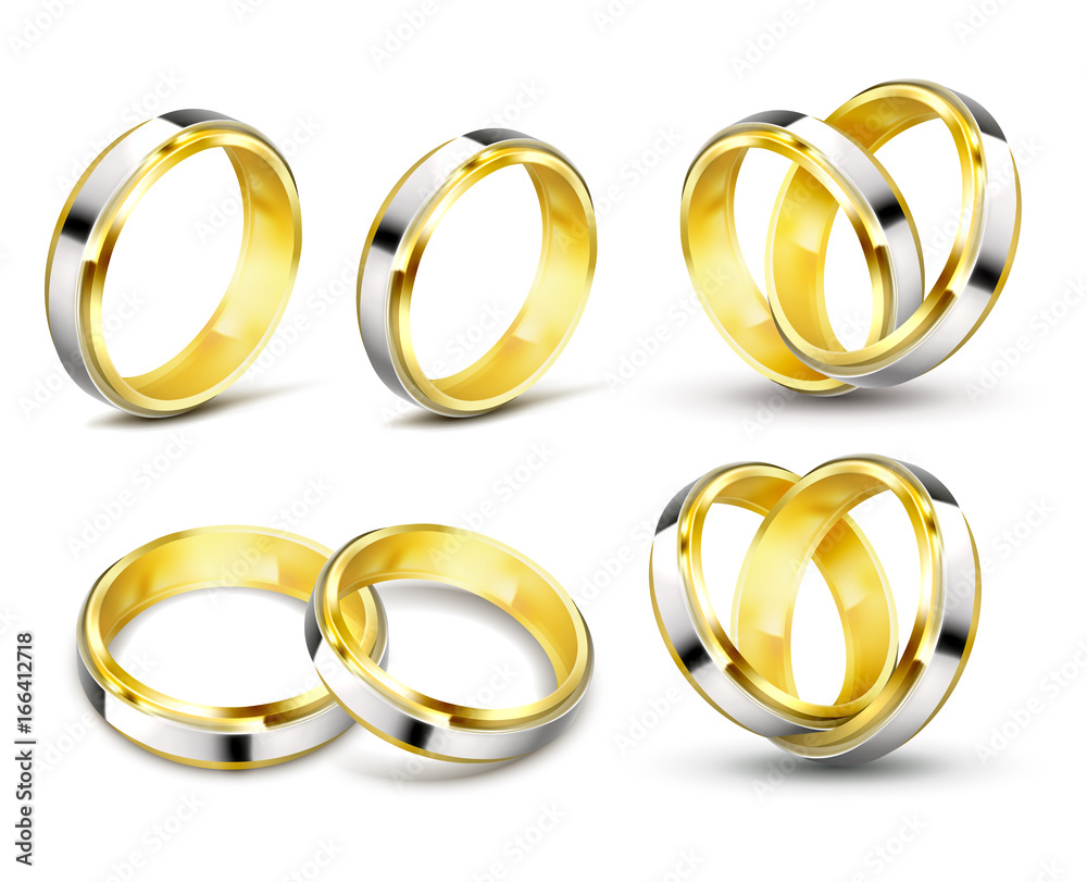 Set of realistic vector illustrations of gold wedding rings with elements of silver, platinum with shadow isolated on white. Print, template, design element Set of realistic vector illustrations of gold wedding rings with elements of silver, platinum with shadow isolated on white. Print, template, design element
