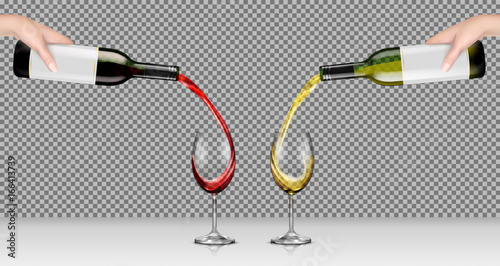 Set of vector realistic illustrations of hands holding glass bottles with white and red wine and pour it into transparent glasses, isolated, with reflection. Template, mockup for design, advertising