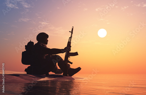 A soldier on the shore.