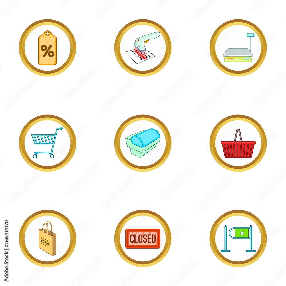 Purchase icons set, cartoon style Purchase icons set, cartoon style