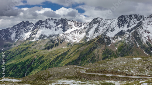 Gavia pass view in july with snowed mountains