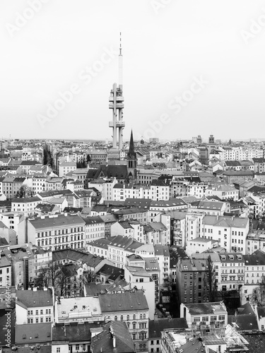 Zizkov town part and television tower, Prague, Czech republic. Black and white image.