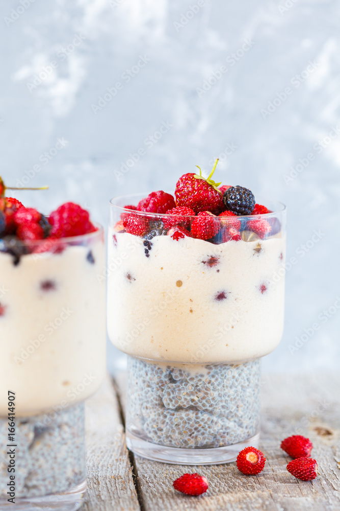 Healthy chia pudding with smoothies and berries in a glass. Healthy chia pudding with smoothies and berries in a glass.