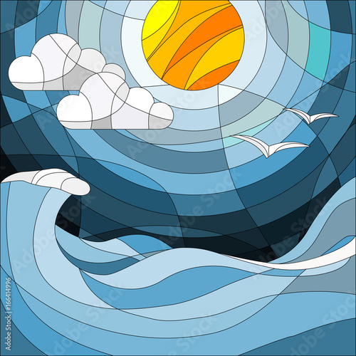 Illustration in stained glass style with sea landscape, sea, cloud, sky and sun