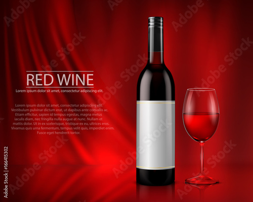 Vector illustration, bright realistic poster with glass wine bottles and glass with white or red wine. Template, moc up, layout for advertising, design, branding