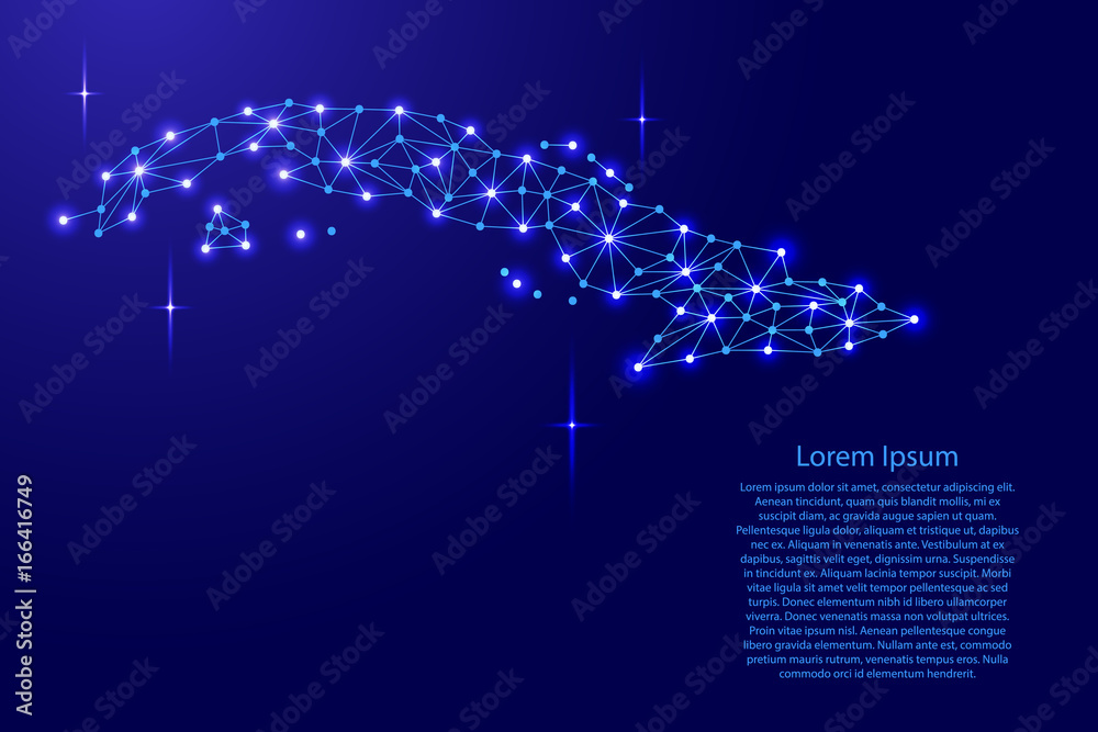 Naklejka premium Cuba map of polygonal mosaic lines network, rays and space stars of vector illustration.