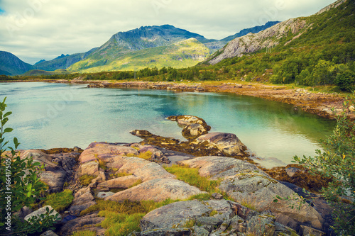 Mountain lake in the evening light. Fjord at sunset. Rocky shore in evening. Beautiful nature of Norway. Lofoten islands