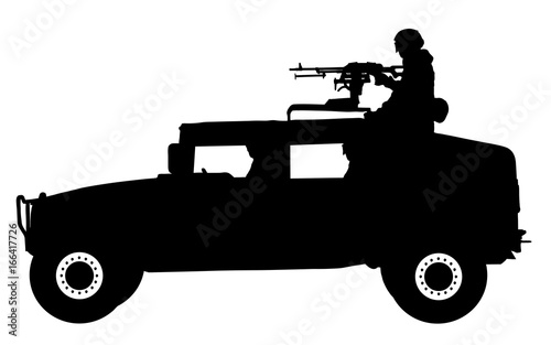 A soldier stands with a rifle, on a military jeep silhouette vector. Honor military equipment © nosyrevy